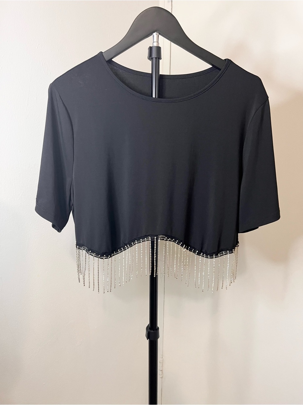 Black Cropped and Crystal Fringe Women's Stylish Top - Picture 1 of 4